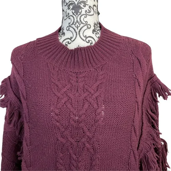 Leith | Women's Cable Knit Fringe Burgundy Maroon Red Sweater 1X - Picture 3 of 7